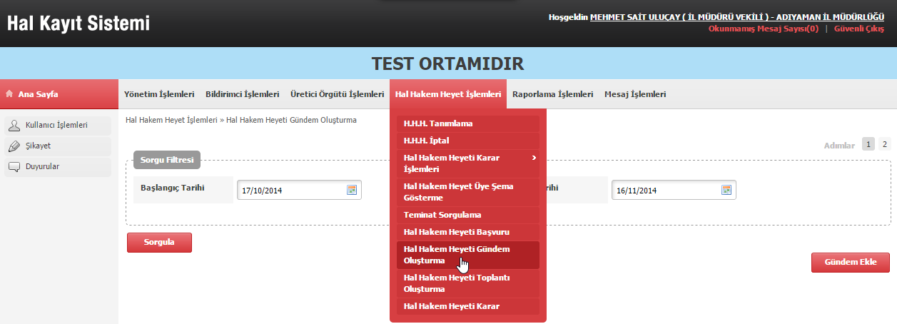 3. OLUŞTURULAN BAŞVURU İÇİN GÜNDEM OLUŞTURMA SÜRECİ 3.1. GÜNDEM İÇİN GEREKLİ BİLGİLERİN GİRİLMESİ Mevcut başvurular alanından oluşturulan başvurular için gündem oluşturulur.