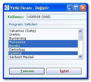 Bu nedenle listedeki program isimleri tümüyle işaretli olarak gelir. Her kullanıcı için hangi programlara giriş izni verilecekse sadece izin verilen programların işaretli kalması sağlanabilir.