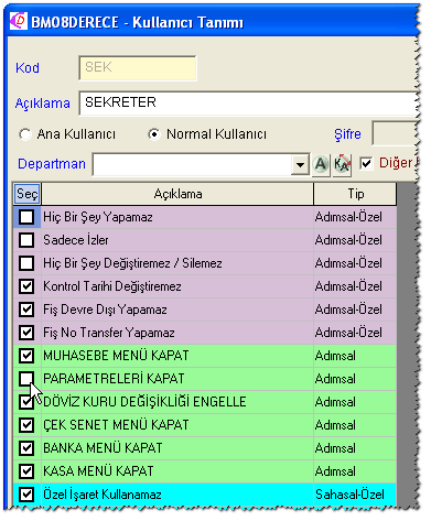 Adım listesinden Ticari Genel Parametreler satırı bulunur ve butonu ile sağdaki pencereye eklenir. LEG kısaltması Ticari Genel Parametreler adımını temsil etmektedir.