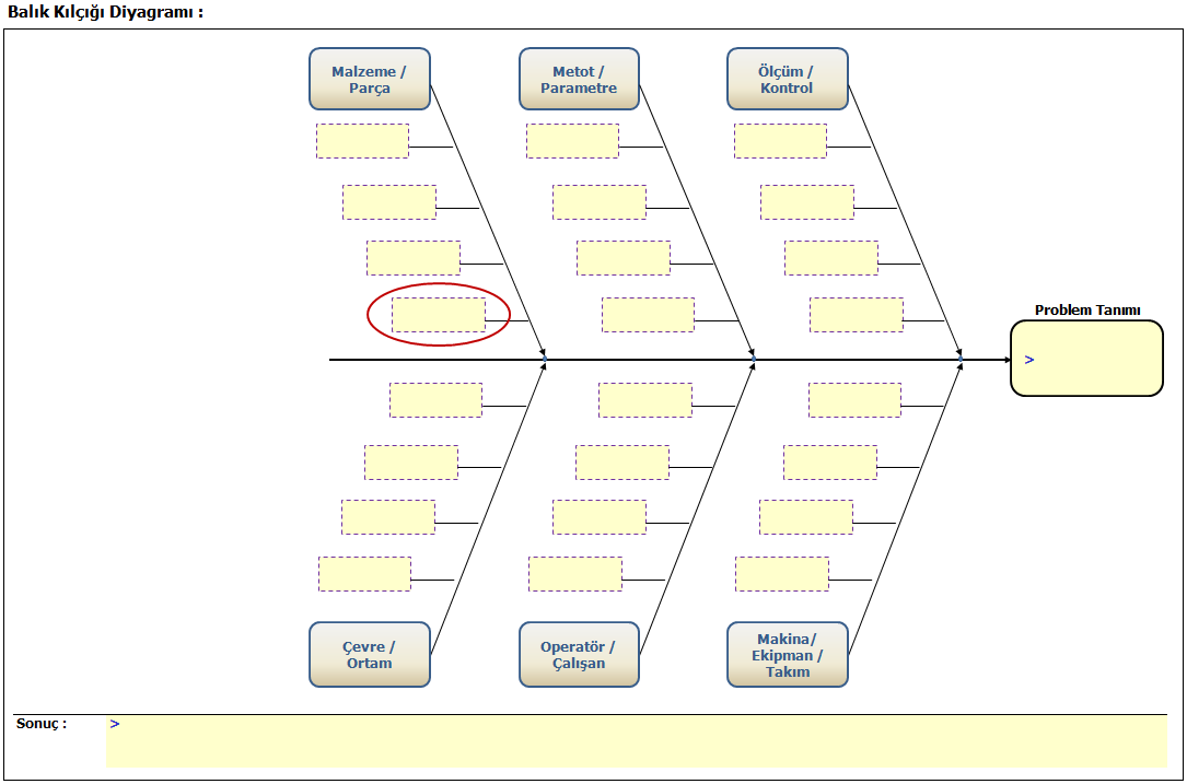 Temel Problem Çözme Araçları : Balık Kılçığı Diyagramı Takım çalışması ve beyin fırtınası ile olası kök nedenler kategoriler altında