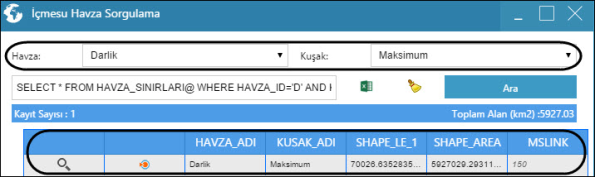 İçmesuyu Havza Sorgula "İçmesuyu Havza Sorgula" ekranından, "Havza" ve "Kuşak" bilgileri seçilerek