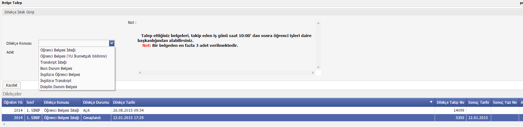 b. Öğrenci, açılan sayfada yeni belge talebi ekleyebilir.