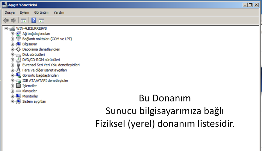 Sunucumuza bağlı olan donanımları ve bu donanımların durumunu da yine bu sekmede olan Aygıt