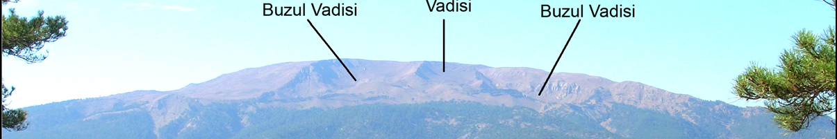 32 Şekil 2: Sandıras Dağı zirve bölümüne kuzeyden bakış. Sandıras Dağı'nın 1000-1400 m üzerinde kalan bölümleri basık bir koni görünümündedir.
