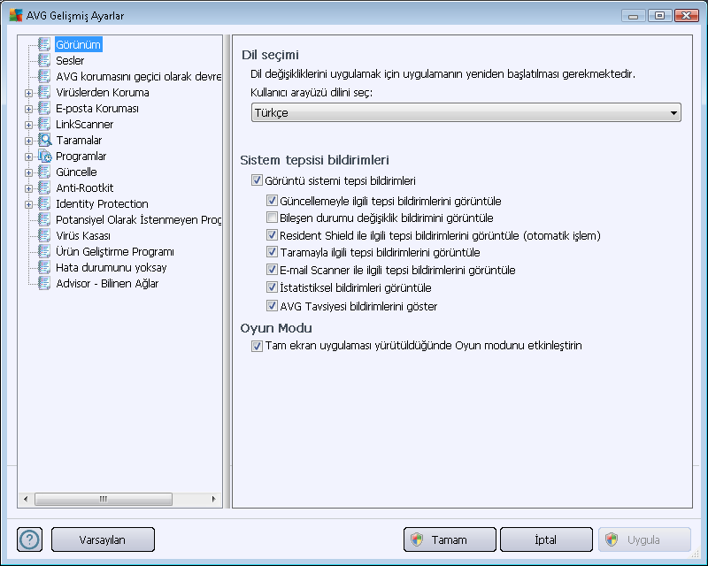 10. AVG Gelişmiş Ayarlar AVG Anti-Virus Gelişmiş yapılandırma iletişim kutusu Gelişmiş AVG Ayarları adlı yeni bir pencerede açılır.