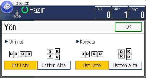 Dubleks Kopyalama Orijinal ve Kopya Yönünü Belirleme Orijinal iki taraflıysa veya kağıdın her iki tarafına da kopya istiyorsanız, orijinallerin ve kopyaların yönünü seçin.