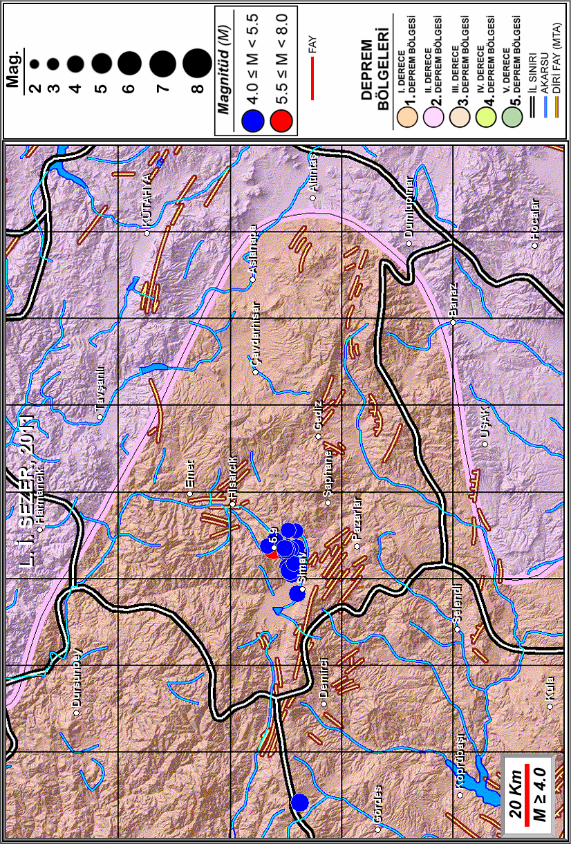48 Lütfi İhsan SEZER Şekil 7: Kütahya yöresinde 23.10.2011-23.11.2011 tarihleri arasında meydana gelen 5.5M den büyük (şiddetli) ve 5.