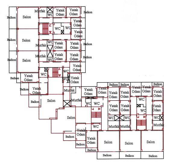 Tabl o 5. 6. Ör nek A4, Blok 1 Pl an Ge nel Durum: Kar maşı k konfi gürasyona sahip bu pl an ti pi nden A4 ör neği i çi nde 3 adet bul un makt adır. 3 bl ok da 1 ve i kişer kat çök müşl erdir.