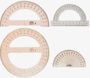 Resim 1.4: Gönyeler Açı ölçerler 0 180 arasındaki açıların işaretlenerek çizilmesi veya ölçülmesi amacıyla kullanılır. Değişik biçimlerde saydam, yarı saydam ve renkli plastikten yapılır. Resim 1.