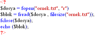 > fread() fonksiyonu: fgetc ( dosya değişkeni, uzunluk) Dosyadan satır satır değil de blok okumak istediğimiz durumlarda bu fonksiyonu kullanırız.