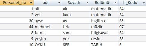 Bu örnekte Now() fonksiyonu kullanılarak, sisteminizin tarih ve saat bilgisi 55 numaralı personelin işe giriş tarihi olarak eklenmiştir. 3.1.4.