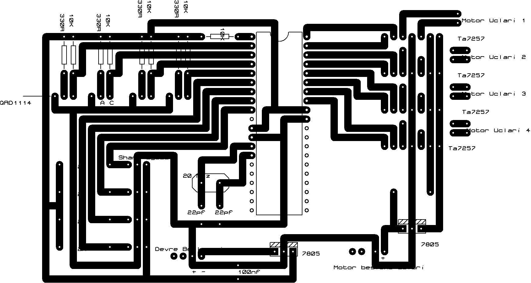 6 2.2.5Diğer Elektronik Elemanlar Çalışmada kullanılan diğer elektronik elemanlar direnç, kondansatör, 40 pinli soket, 20MHz kristal, 7805 entegresi ve TA7257 motor sürücü entegresidir.