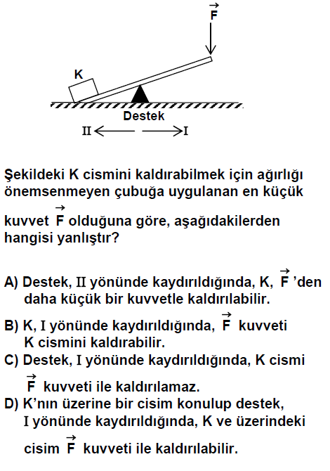 V 2009 SBS A, C ve D seçeneğinde yatay konumda denge sağlanır. Ancak B seçeneğinde denge sağlanamaz. Kaldıraç yük tarafına doğru yatar.