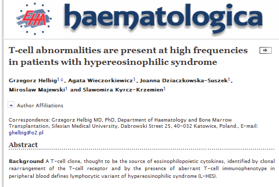 Lenfositik variant Hipereozinofili Hastaların eozinofili ile birlikte aberran yüzey fenotipleri sergileyen T hücre subgrupları (en sık CD3- CD4+, CD3+CD4-CD8-, CD3+CD4+CD7-,Clonal TCR gene)