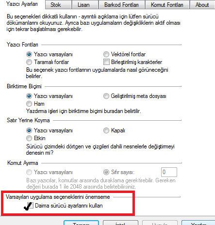 -Seçilen Yazıcı üzerinde sağ tıklanıp Yazdırma Tercihleri seçeneği seçilir. Açılan ekranda Büyüklük kısmına etiket boyutları girilir.