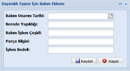 Ayrıca bu bölümden Ġlgili taģınır satırının üzerindeyken Bakım ekle butonuna basılarak tamir ve bakım bilgilerinin giriģ ve takibi yapılmaktadır.