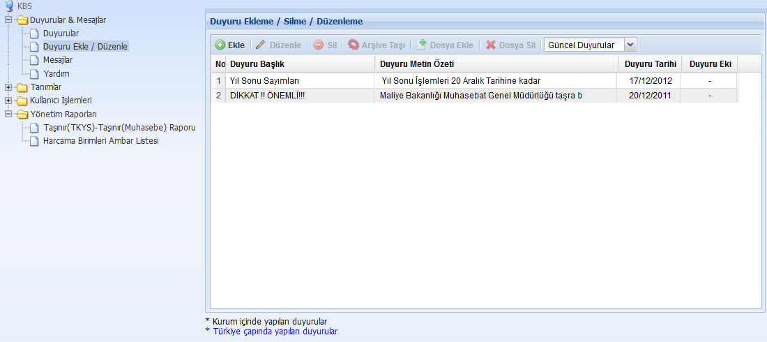 1.1. DUYURULAR & MESAJLAR 1.1.1. Duyurular Bu menüden bağlı harcama birimleri taģınır kayıt kontrol yetkililerine genel duyuru yapılabilir. Bunun için Duyuru Ekle /Düzenle alt menüsü kullanılmaktadır.