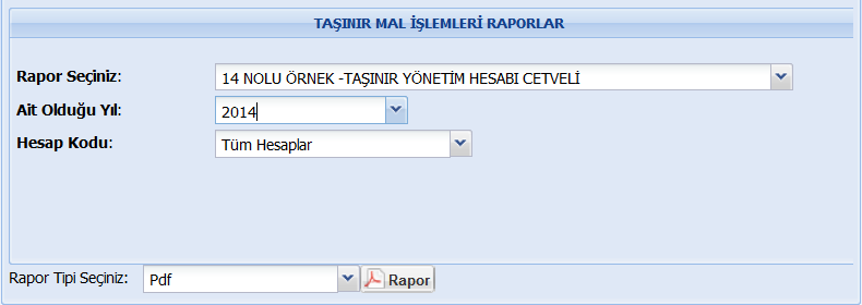 2.6.7. 14 Nolu Örnek Taşınır Yönetim Hesabı Cetveli (Kütüphane/Müze Dahil ) Kütüphane ve müze birimleri olmayan harcama birimlerinde yılsonlarında alınması gereken rapor bu bölümden alınabilmektedir.