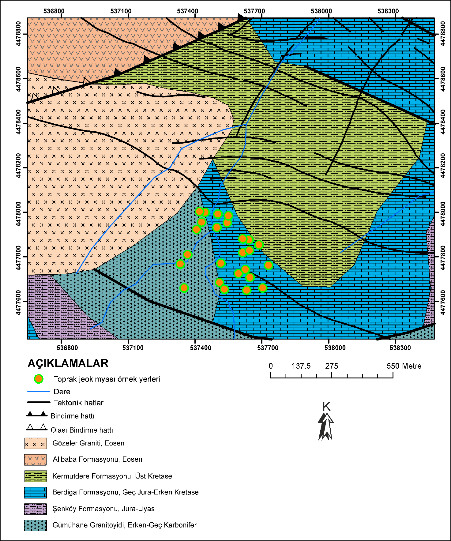 A. VURAL, M. ERDOĞAN / GÜFBED/GUSTIJ/ 4(1) (2014) 1-15 ġekil 2. Toprak jeokimyası örnek alım noktaları ve sahanın jeoloji haritası (jeoloji haritası Güven 1993 ten değiģtirilerek alınmıģtır).