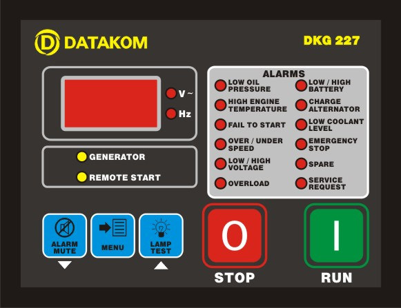 DKG-227 MANÜEL VE UZAKTAN ÇALITIRMA CHAZI ÖZELLKLER Manüel çalıtırma ve durdurma Kapalı konumda akım çekmez Uzak çalıtır imkanı Motor kumandası Jeneratör korumaları Dahili alarm ve uyarılar 3 faz