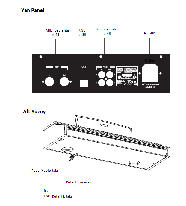 14 Kontroller ve Bağlantılar Mark Pro TWOi, klavye yüzeyinde 1/4 " iki kulaklık jakına sahiptir böylece iki