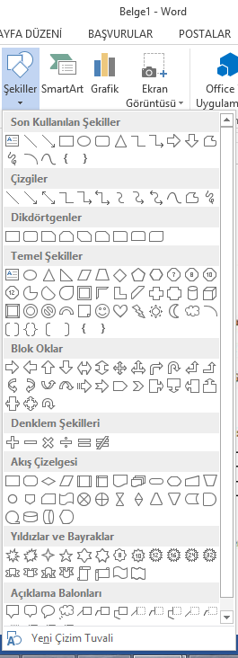 ŞEKİL EKLEME Hazırlamış olduğumuz belgemize şekil eklemek için, Ekle sekmesinde yer alan Çizimler