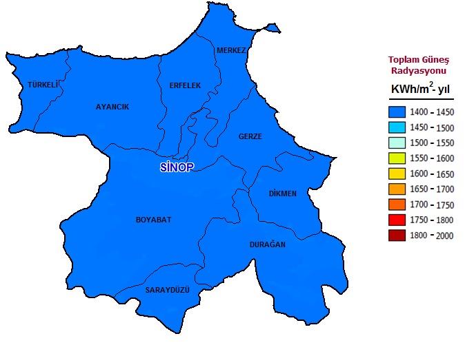 Şekil-4, Sinop ili ve ilçeleri için oluşturulmuş bir güneş atlasıdır. Buna göre Sinop ta genel olarak güneşleme azdır. Dikmen in de Sinop un genelini yansıttığı göze çarpmaktadır.