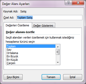 Veri Alanı Hesaplama Ayarları Özet tabloda varsayılan olarak veri alanına eklenen alan toplanır.