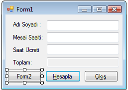 Yeni Form (calss) Ekleme namespace WindowsFormsApplication8 { public partial class Form2 : Form { public Form2() { InitializeComponent(); } } } Form1 deki Button3 e
