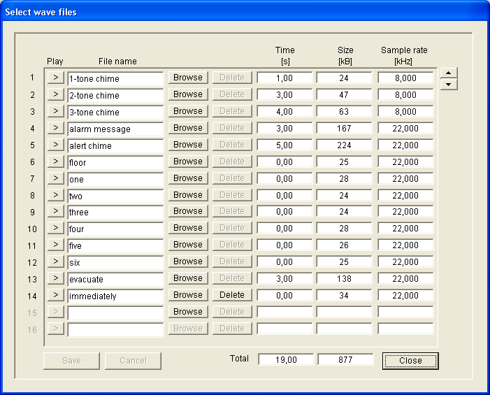 Plena VAS configuration Konfigürasyon tr 23 4.4 Wave dosyası seçme Düğmeye basıldığında wave dosyası seç (Select wave files) konfigürasyonunun özellik sayfası açılır.