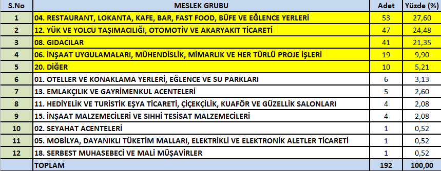 KÖYLER DE FAALİYET GÖSTEREN FİRMALARIN MESLEK