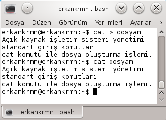 Resim 1.27: Rm komutu f seçeneği kullanımı Cat (concatenate files) komutu: Bir dosyanın içeriğini liste halinde görüntülemek için kullanılır. Resim 1.