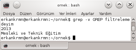 1.4.2. Grep Komutu Bir dosya içerisinde bir metni arayıp ekrana listeleyen komuttur. Kullanımı:grep [Araştırılacak kelime ve Düzenli Deyim] [Araştırılıcak Dosya] Resim 1.46.