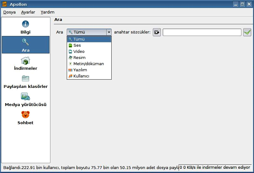 Resim 2.21: Apollon arama bölümü İndirilen dosyalar öntanımlı olarak masaüstünde açılacak SharedFolder adlı dizine yapılır. Bu dizin Ayarlar menüsünden değiştirilebilir. 2.4.2. KTorrent KTorrent programı en yaygın paylaşım programı olan bittorrent alt yapısını kullanarak yazılım indirilebilir.