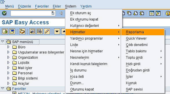 3. Sistem Fonksiyonları Hizmetler SAPAKADEMİ Sistem menüsü, aşağıdaki seçenekleri kapsamaktadır: Oturum yarat/sonlandır Kullanıcı değerleri Hizmetler Liste Durum.