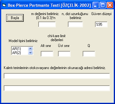 110 Şekil 5.35: Box-Pierce Portmanto testi. Çizelge 5.6: Box-Pierce Portmanto testi, Q değerleri. Box-Pierce Portmanto testi Dönemler AR1 AR AR3 MA1 ARMA1 k1 0.966 0.015 19.418 33.13 19.839 k 3.393.