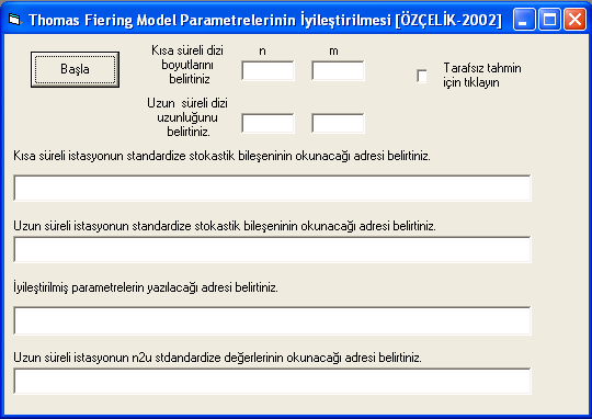 137 Elde edilen model parametreleri (3.14) ve (3.15) eşitlikleri kullanılarak, Şekil 5.64 de verilen, Thomas-Fiering model parametrelerinin iyileştirilmesi adlı programla iyileştirilmiştir.