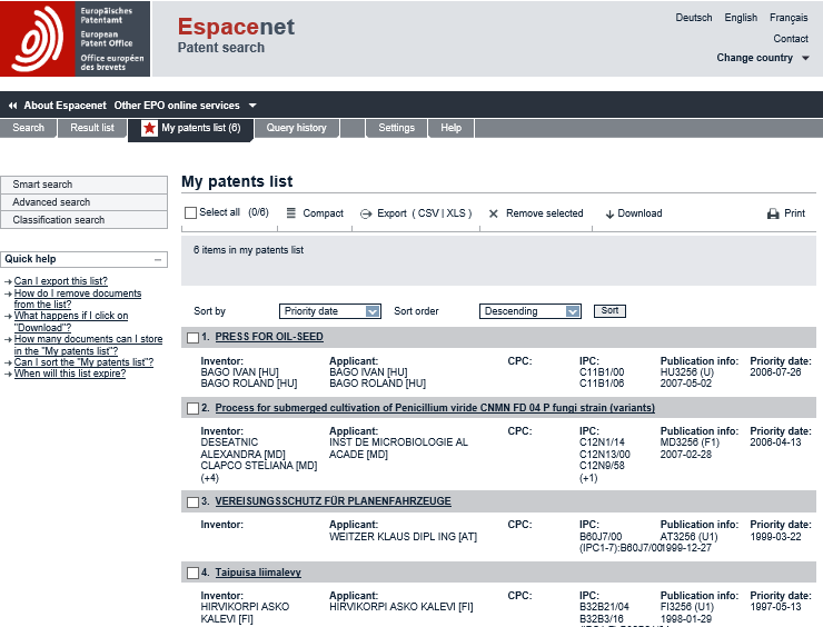 My Patent List - Patent Listem En fazla 100 doküman My Patent List e kaydedilebilir.