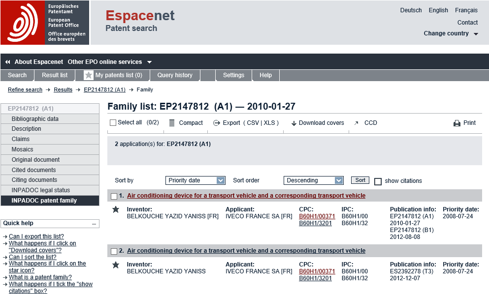 INPADOC patent ailesi (Daha önce aynı patentle ilgili diğer