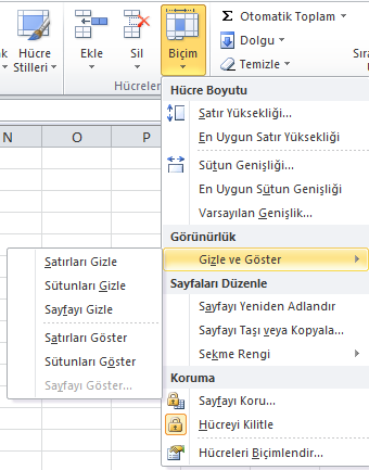 Microsoft Office 2010 EXCEL 24 Görünürlük altında Gizle ve Göster seçeneğinin üzerine gelip Satırları Göster veya Sütunları Göster öğesini tıklatın.