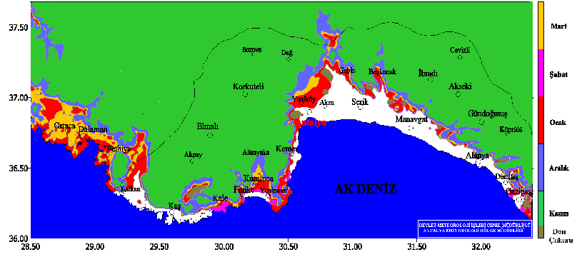 Bu dönem de don bölgede sadece bir gün ile sınırlı bulunmaktadır. Son donların görüldüğü mart ayında donlu gün dağılımı ise, Şekil 6 de verilmiştir.