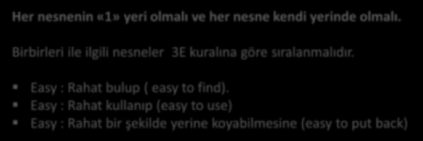 Çalışma Alanının Organizasyonu / 5S 2 S Her nesnenin «1» yeri olmalı ve her nesne kendi yerinde olmalı.