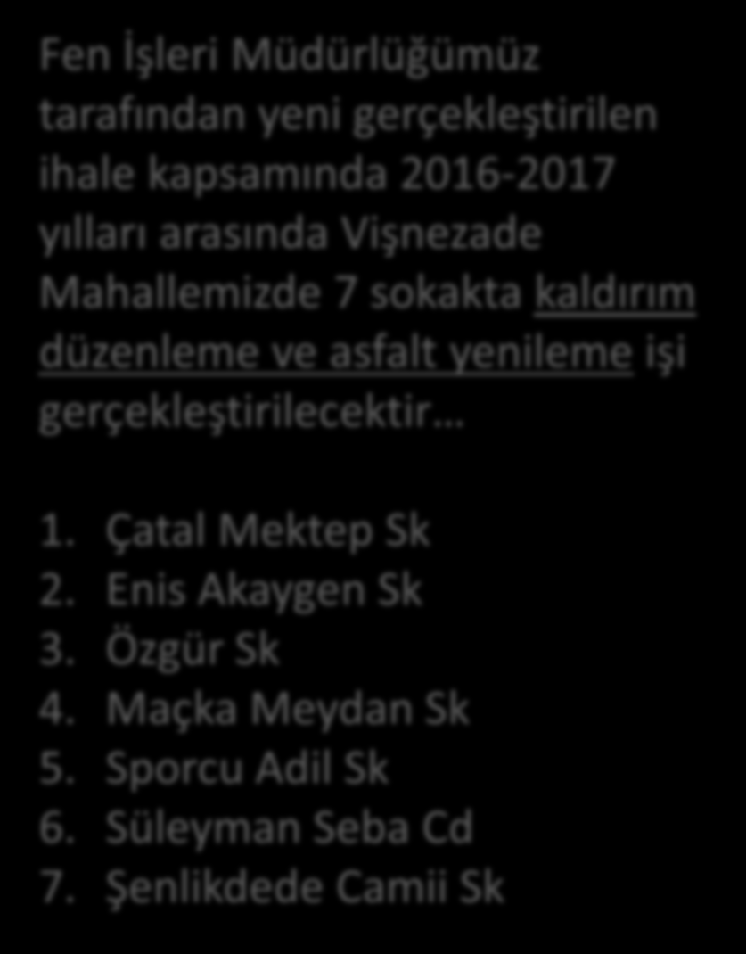 Fen İşleri Müdürlüğü kapsamında gerçekleştirilen bakım, onarım, asfalt vb işler kapsamında 2014 Nisan ayından bugüne Mahallemizde; Korkuluk Montajı : 134 Mt.