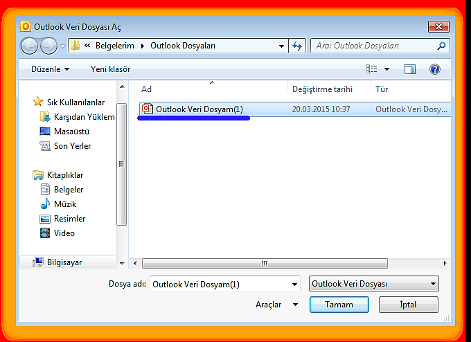 Outlook veri dosyasını Outlook üzerinde kullanabilmek için Outlook Dosya menüsü > Açık sekmesi altından Outlook Veri Dosyasını Aç seçeneği ile