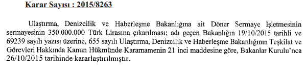 22.11.2015/ 29540 R.G. 2015/8263 sayılı Ulaştırma, Denizcilik ve Haberleşme Bakanlığına Ait Döner Sermaye İşletmesinin Sermayesinin 350.000.