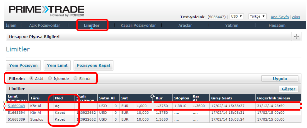 Notlar: 1.Aktif Limitler etkin olan ve henüz uygulanmamış ve sona ermemiş limit emirleridir. İşlemde Limitler uygulanmış ve bir işlem oluşturmuş limitlerdir.