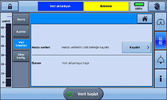 Temizlik ve bakım Veri aktarmak için: 1. Ayarlar menüsünde Veri Aktarma alt menüsünden Hasta Verileri seçin. 2. Kaydet > kısmına basın. Aktarma tamamlandığında bir durum mesajı görüntülenir. 3.