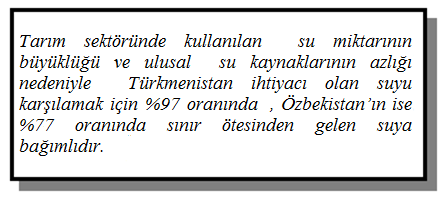 Tarım Sektörü: Tarım Orta Asya ülkelerinin ekonomilerinde ana sektörlerden biri olarak yer alır. Tarımsal üretimde Pamuk özellikle Özbekistan ve Türkmenistan da çok önemli bir yer tutar.