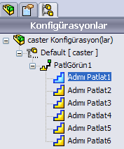 Resim 1.27: Montaj daraltma ve animasyon sihirbazı Patlatma görünümünü silme: Tasarım ağacı yanındaki 3. simge (ConfigurationManager = Konfigürasyon yöneticisi) tıklanır.