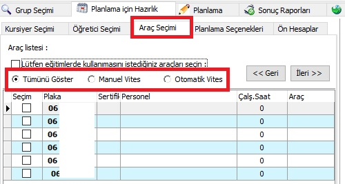 Otomatik Vites ile eğitim görecek olan kursiyerlerin Direksiyon ders programlarının yapılması için ders